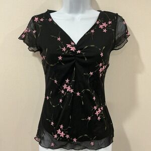 Y2K Wrapper Babydoll Dark Fairy Top Size M Black Floral Chiffon Whimsigoth Sheer